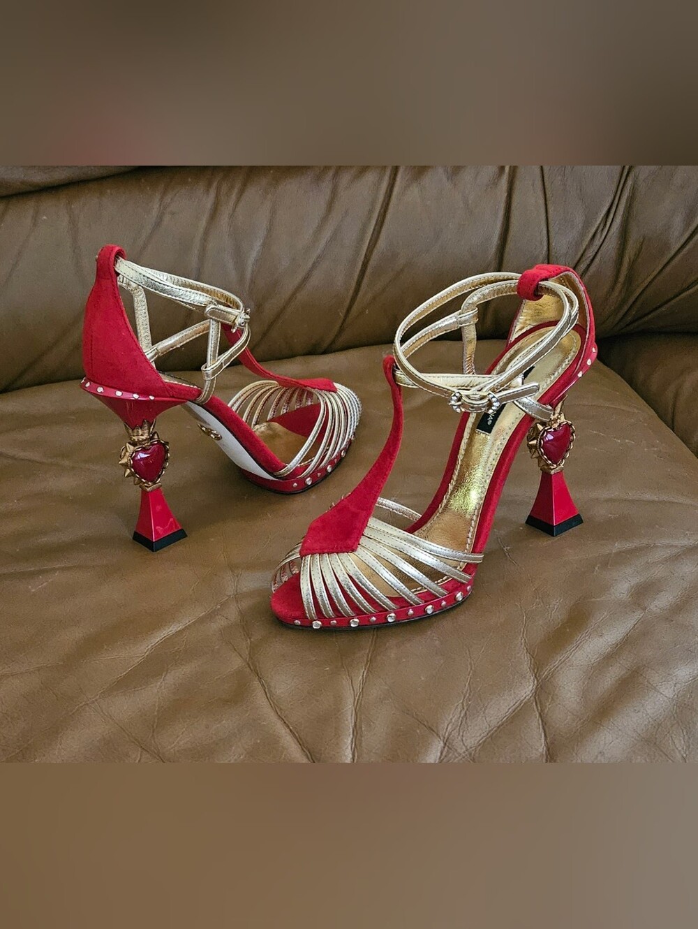 Dolce & Gabbana Red Suede and Gold Heart-Embellished Strappy Heels Size 8 US